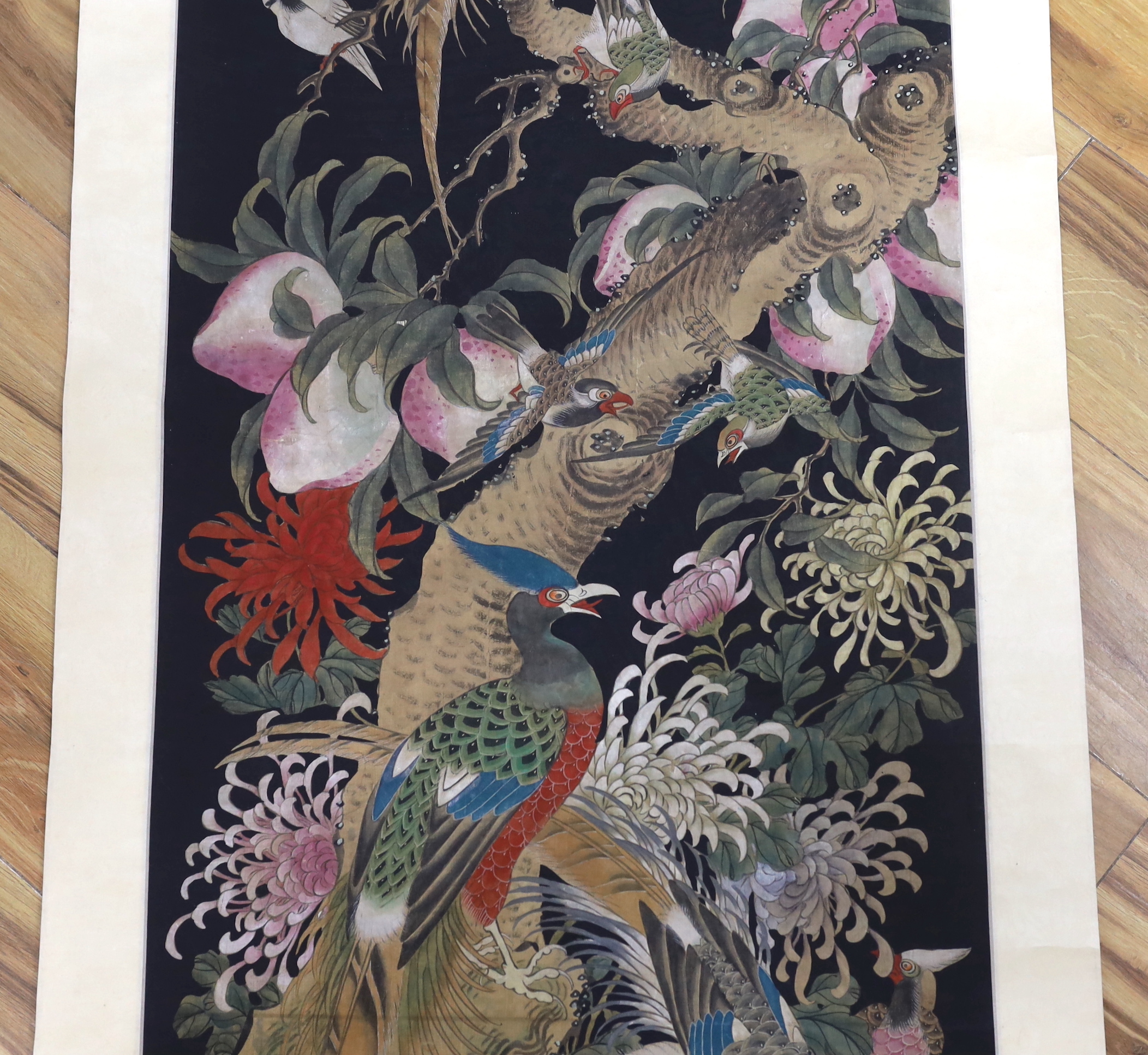 A Chinese hundred bird painted scroll, 239cm high